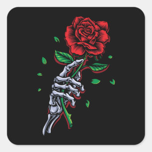 Adesivo Quadrado Flor de Rosa vermelha de Mão do Esqueleto