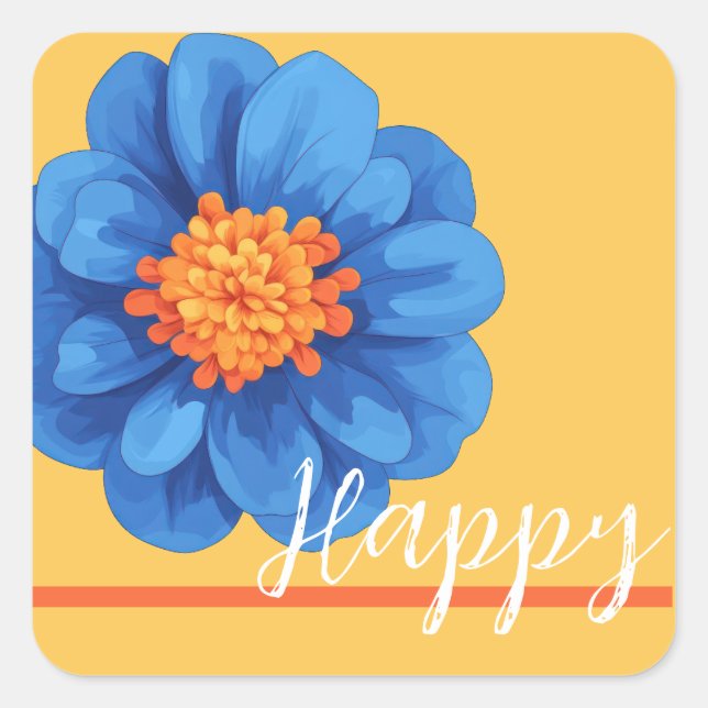 Adesivo Quadrado Flor feliz em amarelo azul e laranja (Frente)