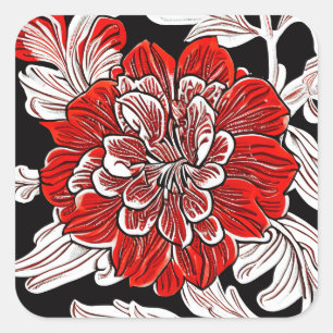 Adesivo Quadrado Flor Nouveau de Arte Negra Vermelha e Branca