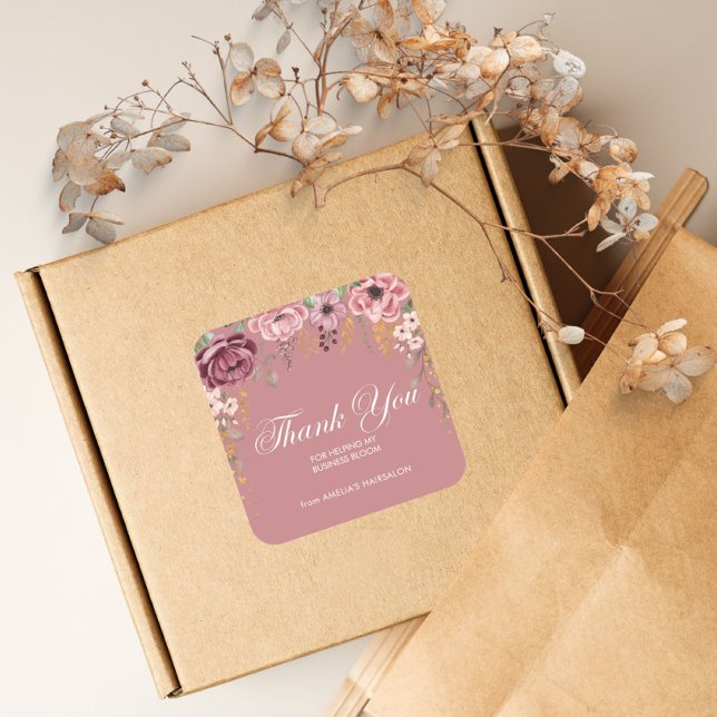 Adesivo Quadrado Flor Rosa Pequena Empresa Obrigado Stickers (Criador carregado)