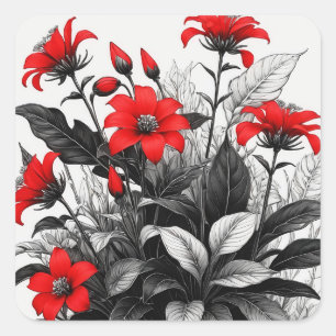 Adesivo Quadrado Flor Vermelha Na Planta Branca Preta