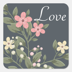 Adesivo Quadrado Flora Amor Cinza e Rosa Flor Cinza Casamento