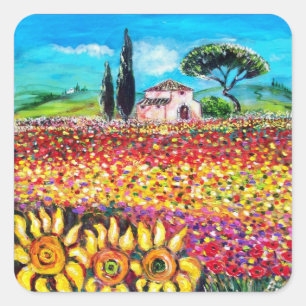 Adesivo Quadrado FLORA NA TUSCÂNIA/ Campos, Papagaios e girassóis