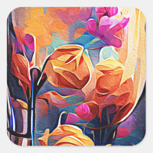 Adesivo Quadrado Floral Abstrato Art Laranja Vermelho Azul Flores