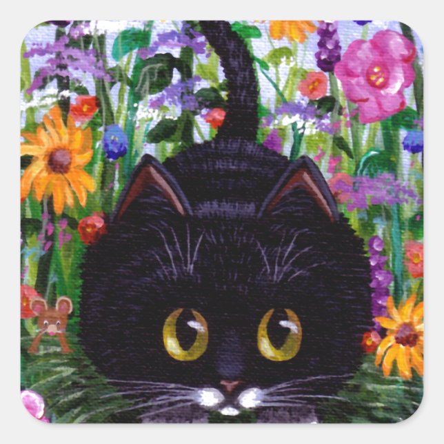 Adesivo Quadrado Floral Art Black Tuxedo Cat Flowers Criationarts (Frente)