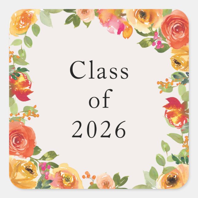 Adesivo Quadrado Floral Bloom Frame Class of 2026 Custom Sticker (Frente)