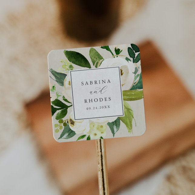 Adesivo Quadrado Floral Branco Elegante | Fechos de Envelope de Cha (Criador carregado)