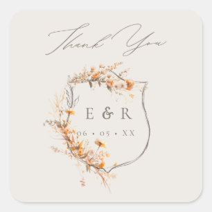 Adesivo Quadrado Floral Crest Monograma Casamento outono Obrigado