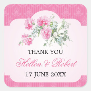 Adesivo Quadrado Floral Damask Elegant Wedding Obrigado A Favor