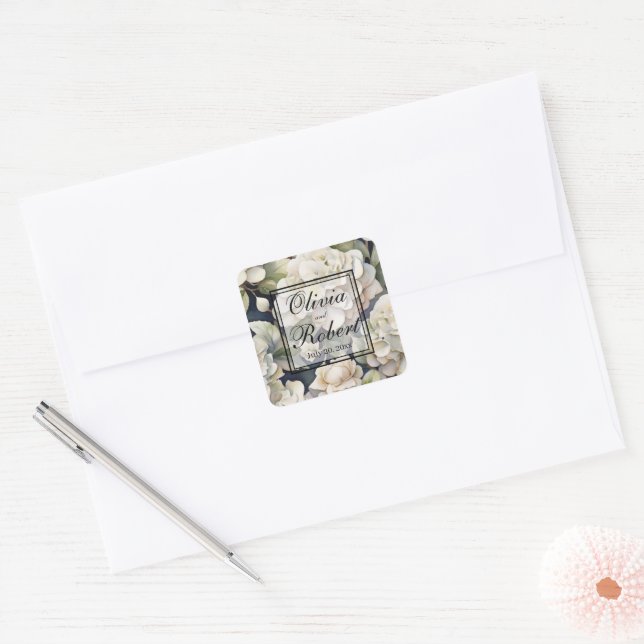 Adesivo Quadrado Floral de cor verde-rosa-marfim-esverdeado-esverde (Envelope)