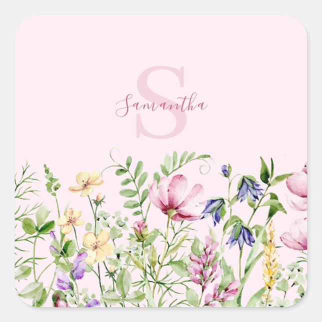 Adesivo Quadrado Floral de Flor Selvagem Rosa Personalizado (Frente)