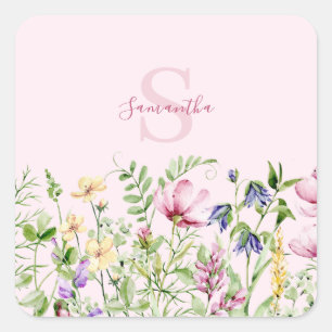Adesivo Quadrado Floral de Flor Selvagem Rosa Personalizado