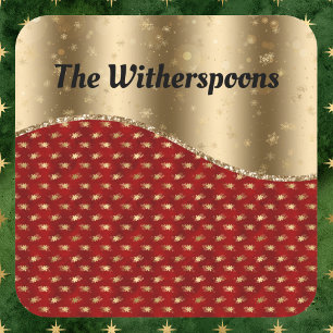 Adesivo Quadrado Floral de Natal Vermelho com Friso e Nome Dourados