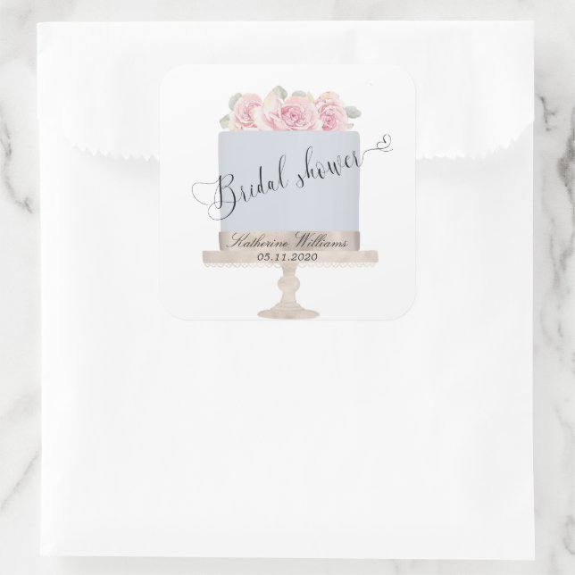 Adesivo Quadrado Floral Elegant Cake Bridal Shower Monogram Sticker (Bolsa)