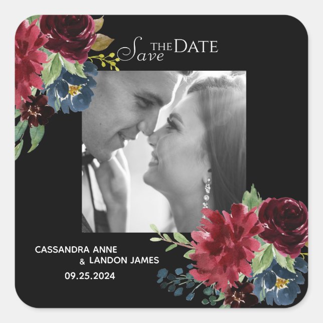 Adesivo Quadrado Floral Elegante Água-marinha Bege Burgundy Foto (Frente)