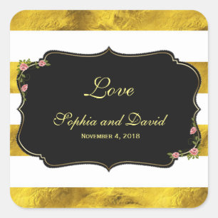 Adesivo Quadrado Floral Gold Foil White Stripes Casamento Personali
