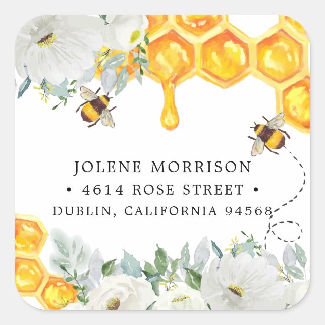 Adesivo Quadrado Floral Honeycomb | Rótulo de Endereço de Retorno d (Frente)