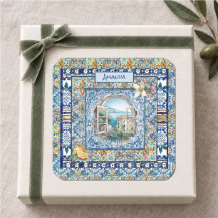 Adesivo Quadrado floral italiano de verão azulejos azuis monograma