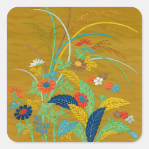 Adesivo Quadrado Floral Japonês Antigo com Flores Silvestres G.A. A