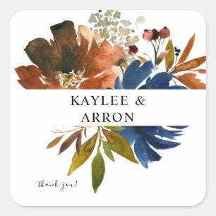 Adesivo Quadrado Floral marinho Azul, Laranja E Castanho Obrigado 2