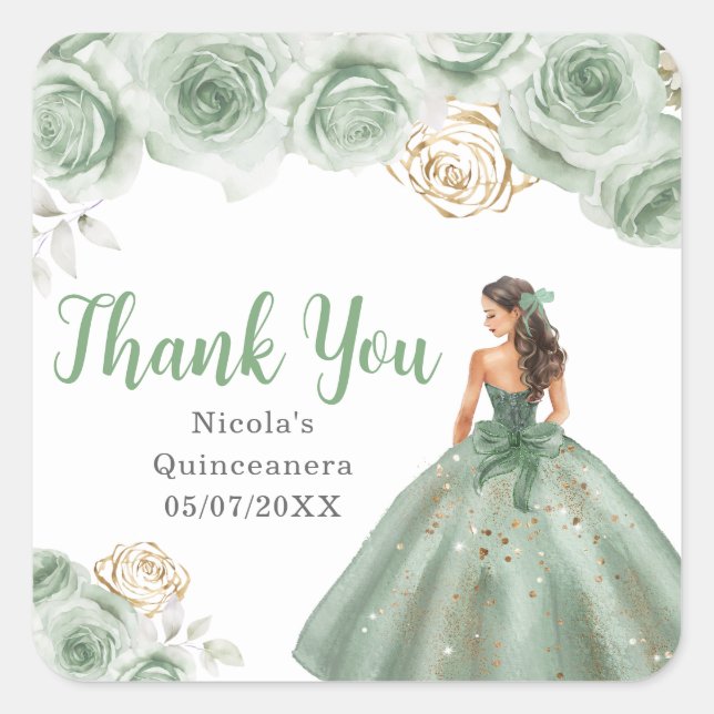 Adesivo Quadrado Floral Princess in a Sage Green Dress Quinceanera (Frente)