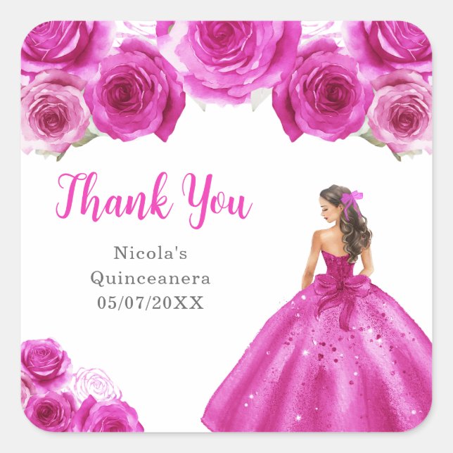 Adesivo Quadrado Floral Princess in Hot Pink Dress Quinceanera (Frente)
