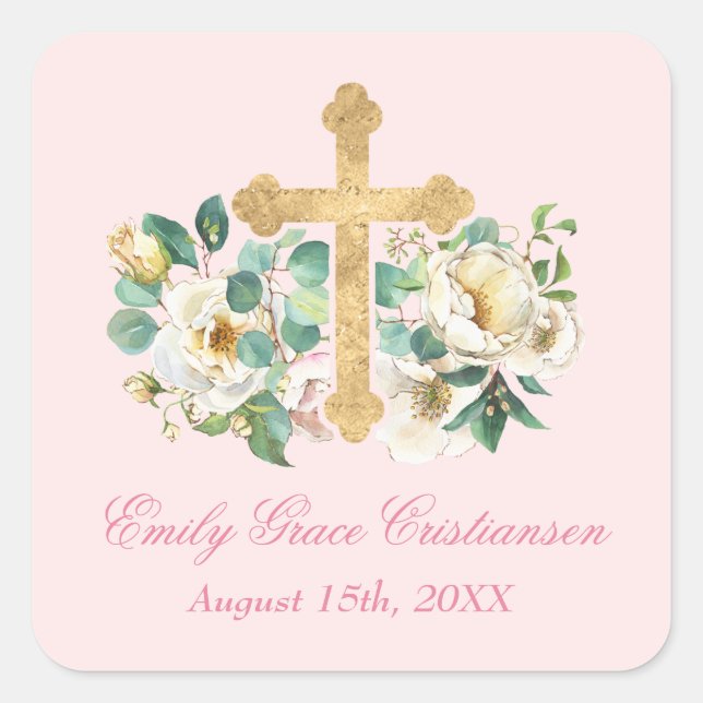 Adesivo Quadrado Floral rosa com batismo Dourado (Frente)