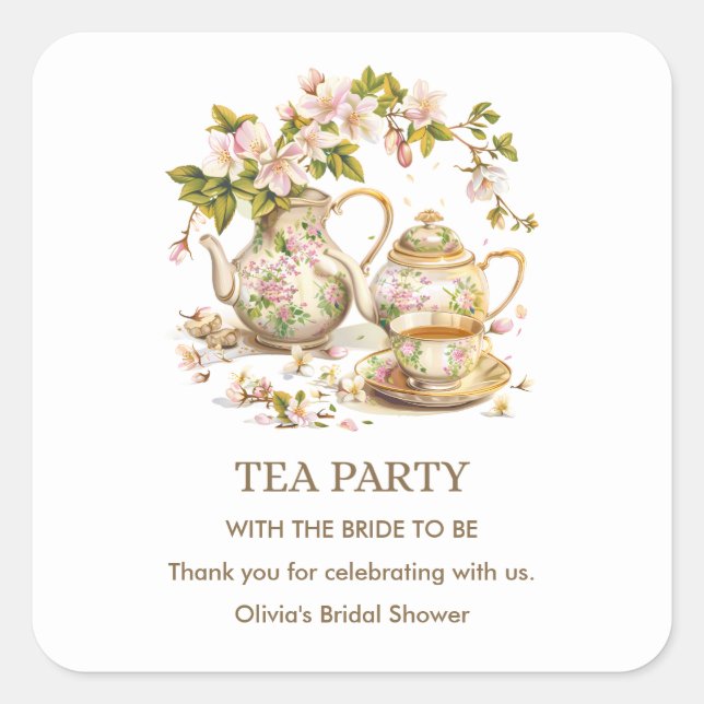 Adesivo Quadrado Floral Teapot Tea Party Chá de panela Obrigado (Frente)