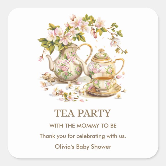 Adesivo Quadrado Floral Teapot Tea Party Time for Tea Baby Shower  (Frente)