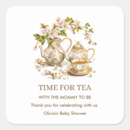 Adesivo Quadrado Floral Teapot Time for Tea Baby Shower 