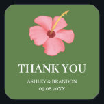 Adesivo Quadrado Floral Tropical Pink Flower Wedding Thank You<br><div class="desc">Bright and bold,  this pink tropical flower sticker with green background adds vibrant island style to any celebration. Featuring a lush floral design full of tropical charm,  it’s perfect for sealing wedding envelopes,  decorating favor bags,  or adding a colorful accent to party details.</div>