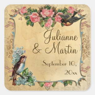 Adesivo Quadrado Floral Vintage Rosas Rosa Modernas Adoram Pássaros