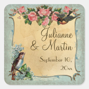 Adesivo Quadrado Floral Vintage Rosas Rosa Modernas Adoram Pássaros