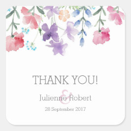 Adesivo Quadrado Floral Watercolor Weding Obrigado Favor Sticker