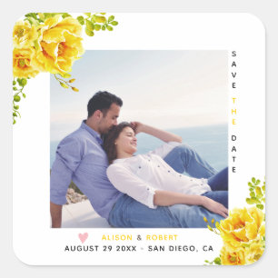 Adesivo Quadrado Flores amarelas a aquarelas, folhas verdes e fotog