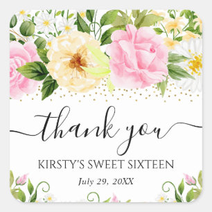 Adesivo Quadrado Flores Amarelas e Rosas em Aquarela Sweet Sixteen