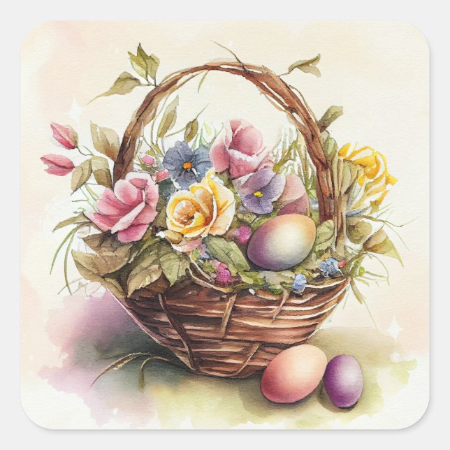 Adesivo Quadrado Flores Amarelas Roxas, Púrpuras, Cesto de Ovos de  (Frente)