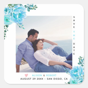 Adesivo Quadrado Flores aqua azuis, folhas verdes, foto