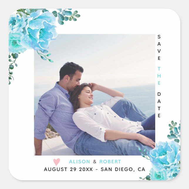 Adesivo Quadrado Flores aquáticas azuis, folhas verdes, fotografia (Frente)