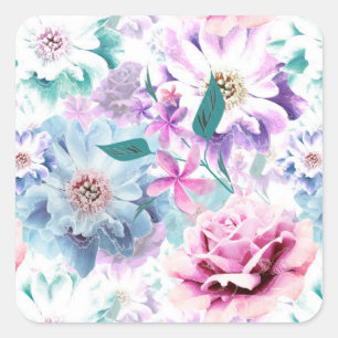 Adesivo Quadrado Flores azuis, cor de água rosa.