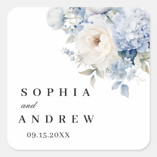 Adesivo Quadrado Flores Azuis e Brancas Vinheta Quadrada de Casamen