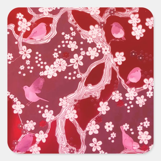 Adesivo Quadrado Flores Blossomas de Cereja de Pássaros Blush Rosa (Frente)
