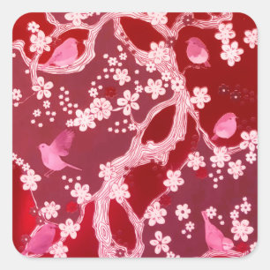 Adesivo Quadrado Flores Blossomas de Cereja de Pássaros Blush Rosa