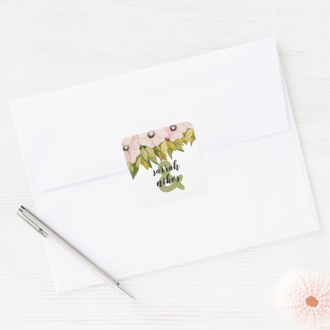 Adesivo Quadrado Flores Blush com Monograma em Verde Salvia (Envelope)
