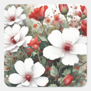 Adesivo Quadrado Flores Brancas e Vermelhas Aquarela Elegante