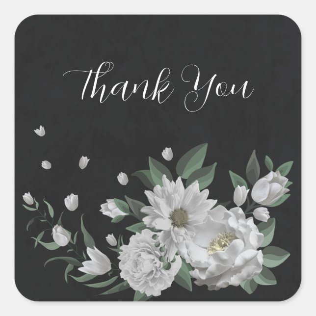 Adesivo Quadrado flores brancas românticas e folhas verdes preto (Frente)