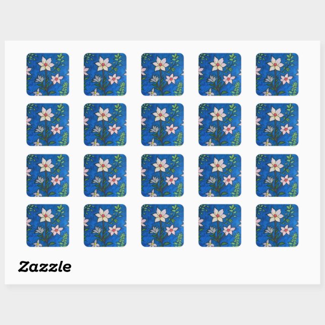 Adesivo Quadrado Flores Caprichosas com Fundo Azul (Folha)