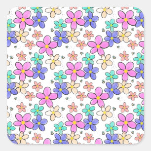 Adesivo Quadrado flores coloridas arco-íris brilhantes abelhões flo