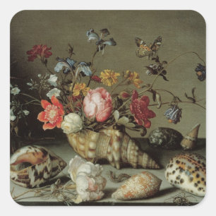 Adesivo Quadrado Flores, conchas e insetos Balthasar van der Ast