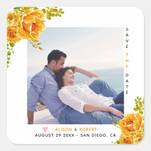 Adesivo Quadrado Flores cor de água laranja, folhas verdes e fotog